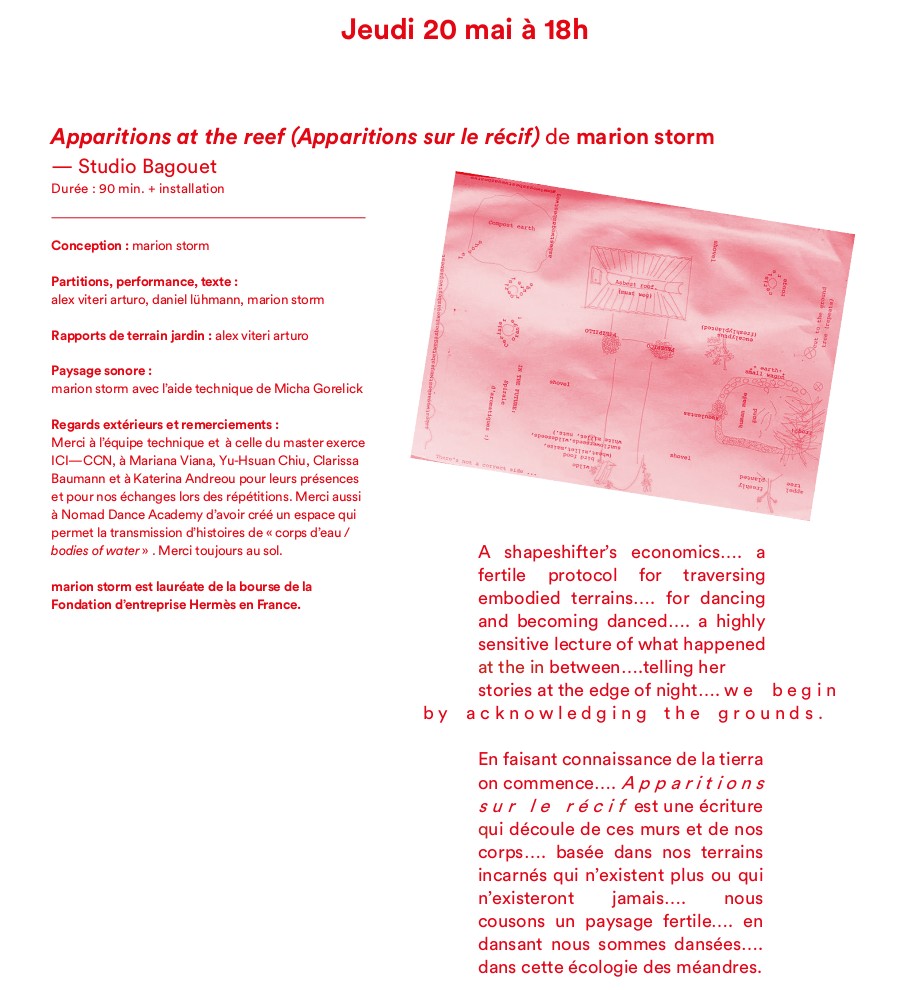 Program notes for Apparitins at the reef in May 2021: A shapeshifter's economics.... a fertile protocol for traversing embodied terrains.... for dancing and becoming danced.... a highly sensitive reading of what happened at the in between.... we begin by acknowledging the grounds.
